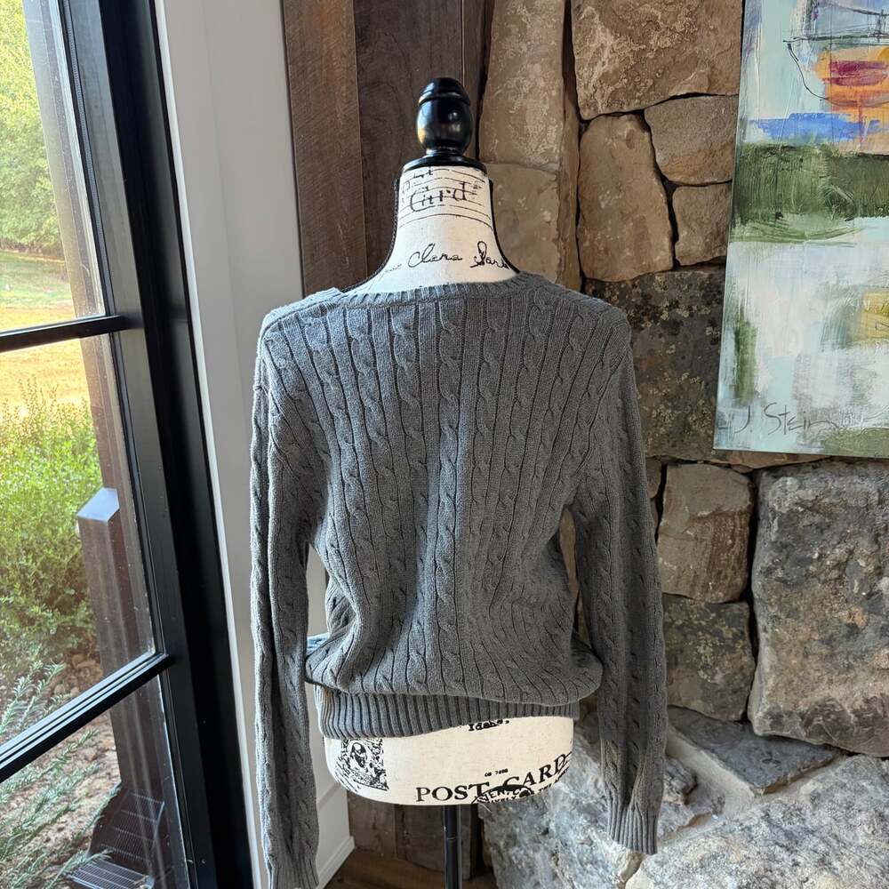 Ralph Lauren Sport Women’s XL Gray Cable Knit V-Neck Sweater 100% Cotton - Picture 2 of 3